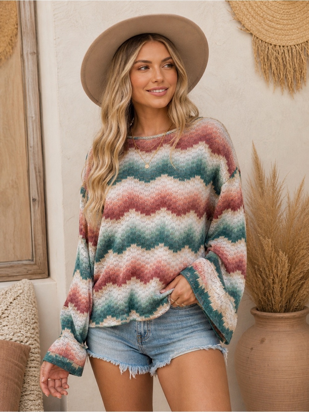 NWT Show Me Your MuMu Daytime Pullover Waves Chevron Boho Beachy Blouse Sweater